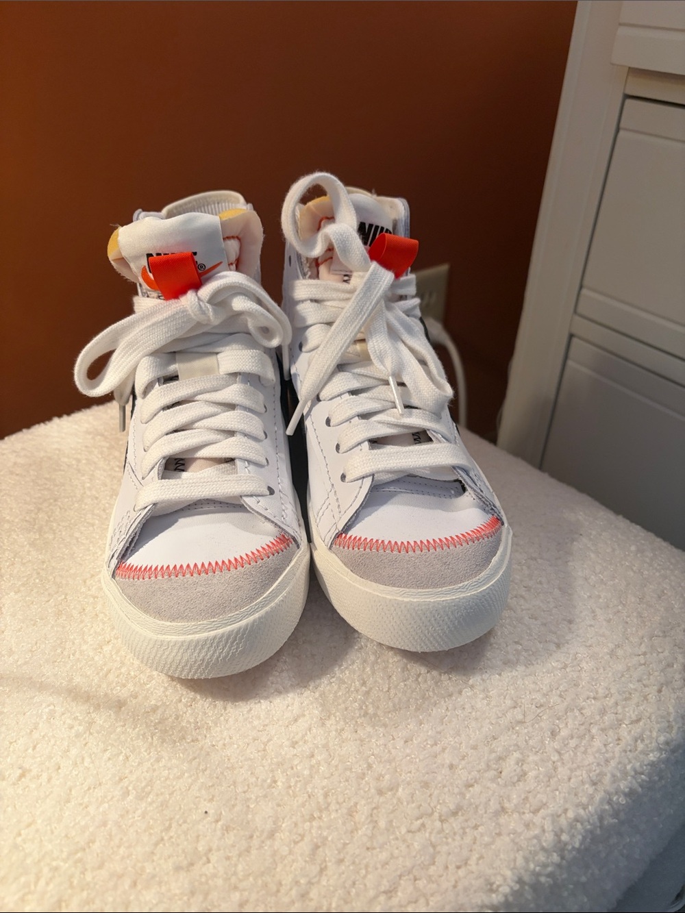 Nike Blazer Jumbo White High-Top Sneakers with Black Swoosh and Orange Accent - Picture 5 of 6